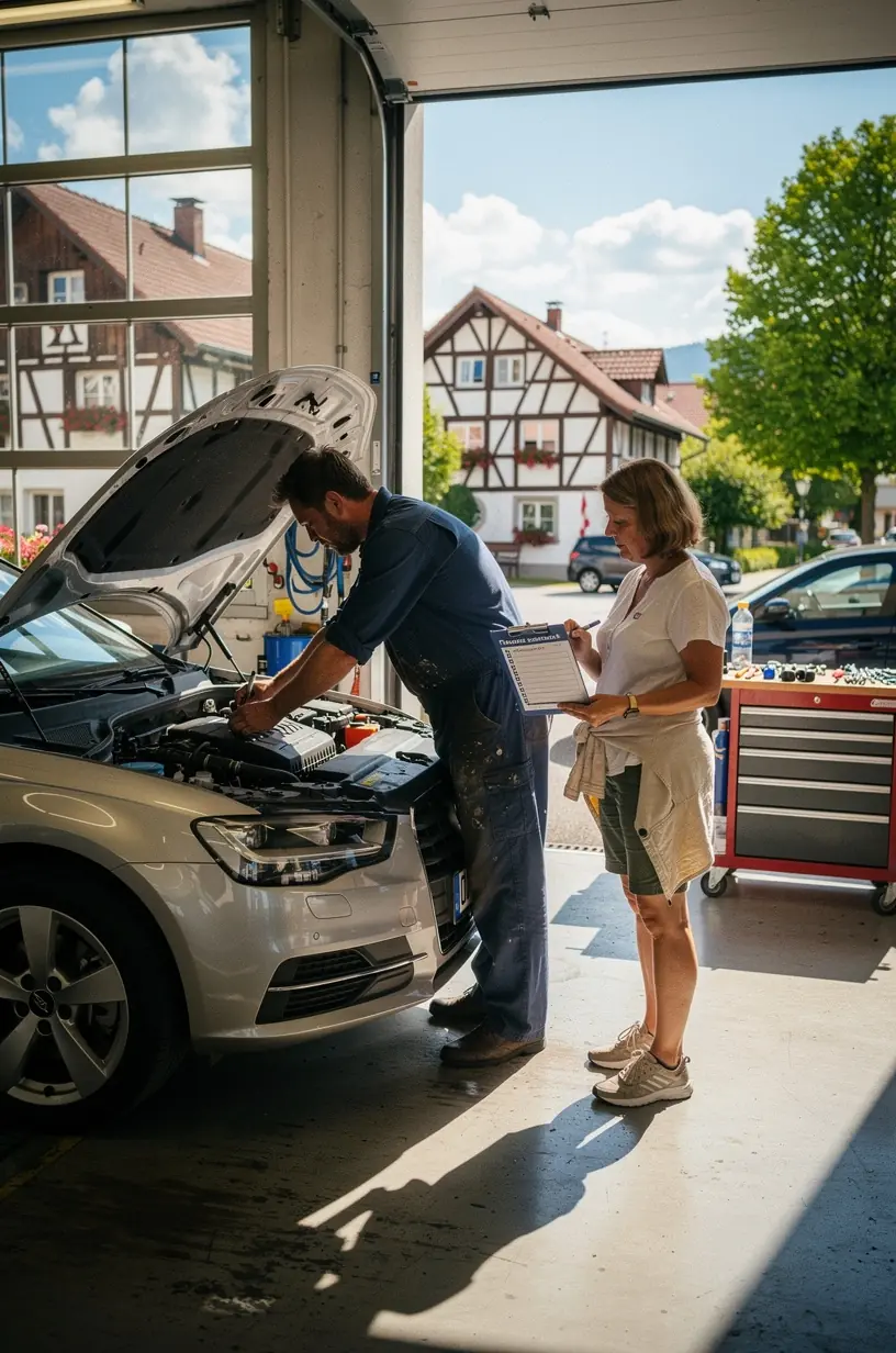Prüfung der Bremsanlage durch einen Spezialisten in einer modernen Autowerkstatt in Deutschland.